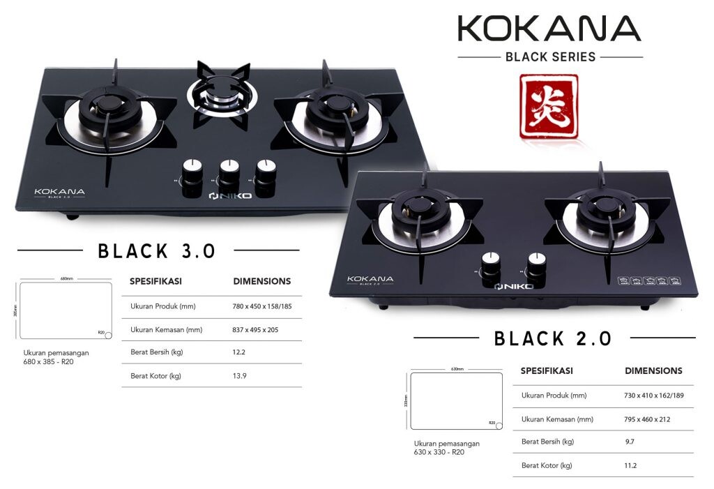 Kompor Kokona Black terdiri dari 2 dan 3 tungku.