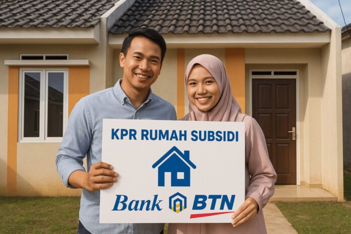 kpr-rumah-subsidi-bank-btn Pasangan muda menunjukkan papan KPR rumah subsidi Bank BTN di depan rumah baru