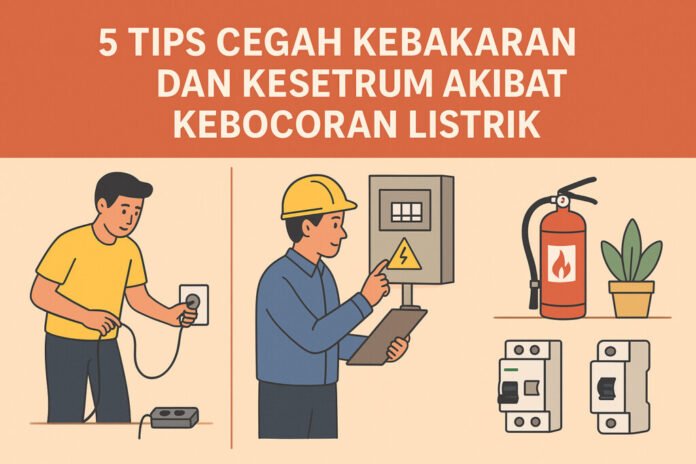 Ilustrasi perlindungan rumah dari korsleting listrik dengan penggunaan stopkontak aman, pemeriksaan panel listrik, APAR, serta perangkat MCB dan RCCB.