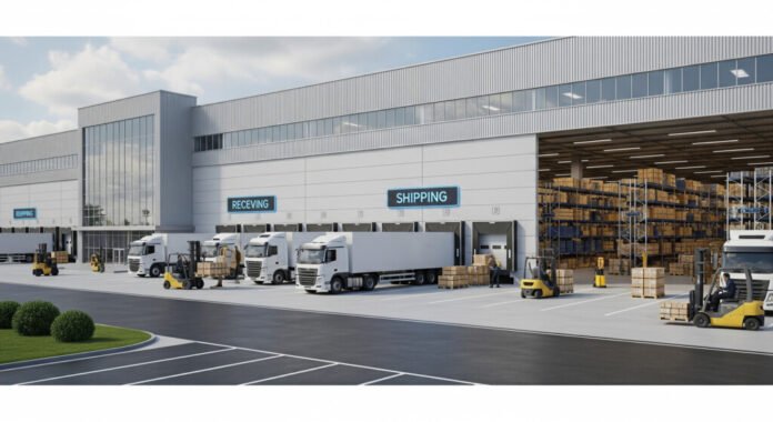 fasilitas pergudangan modern skala besar dengan truk-truk di area bongkar muat