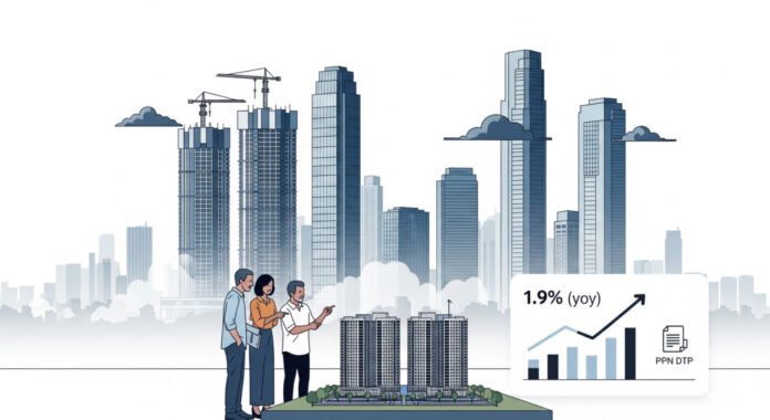 Sebuah ilustrasi pasar kondominium Jakarta yang menunjukkan pembeli di depan maket, gedung-gedung tinggi, grafik kenaikan harga 1,9%, dan ikon PPN DTP.
