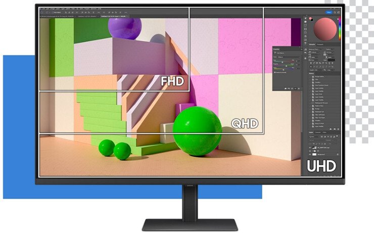 Monitor Samsung ViewFinity S8 37 Inci menampilkan perbandingan resolusi FHD, QHD, dan UHD.