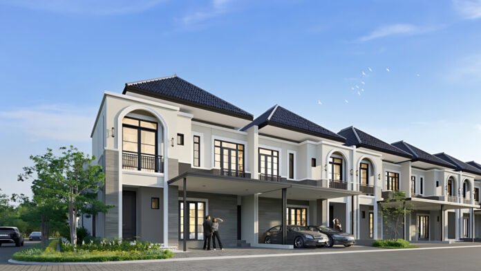 Render 3D eksterior rumah di Klaster Dovia dari sudut samping, menunjukkan deretan hunian bergaya Mediterania di Grand Wisata Bekasi dengan atap genteng khas dan lanskap yang asri.