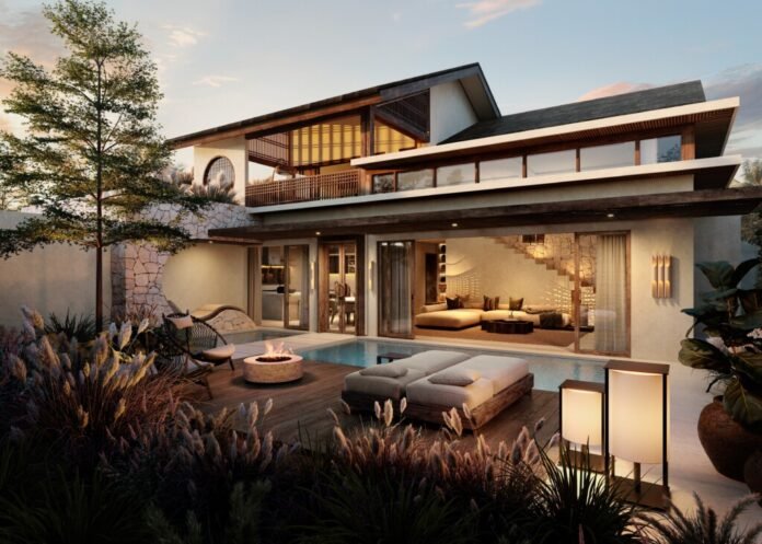 area-kolam-renang-vila-mewah-di-bali-leviro Pemandangan kolam renang dengan area lounge dan arsitektur modern sebuah vila mewah di LEVIRO Residences Bali.