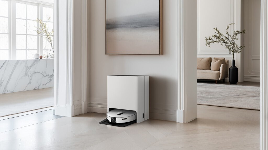 robot vacuum cleaner Bespoke AI Jet Bot Steam Ultra Samsung, membersihkan lantai kayu di ruang tamu modern