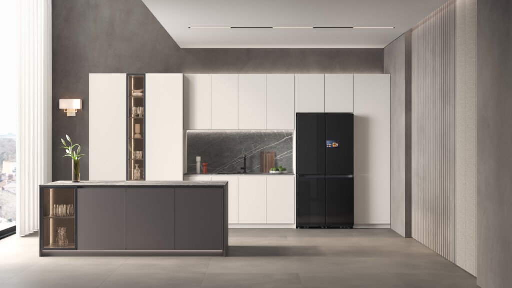 kulkas Bespoke AI Samsung, berwarna hitam, terpasang di dapur modern dengan kabinet putih