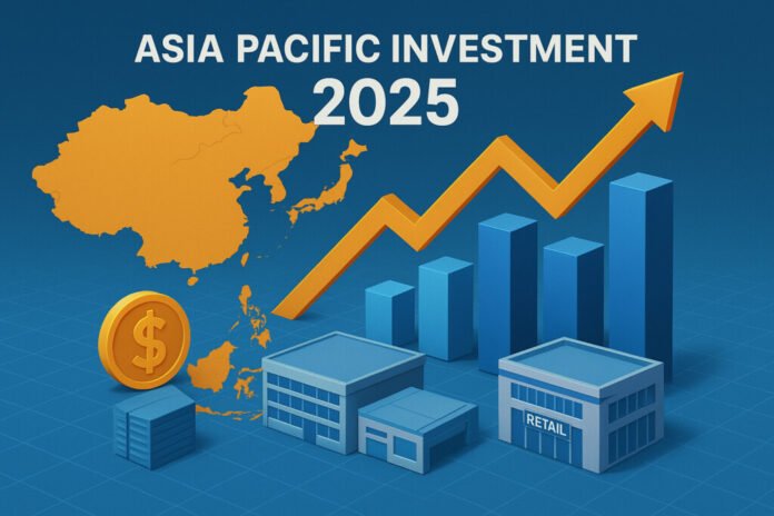 investasi-asia-pasifik-2025-colliers Ilustrasi 3D investasi Asia Pasifik 2025 menampilkan grafik kenaikan, peta Asia, gedung perkantoran, ritel, dan pusat data