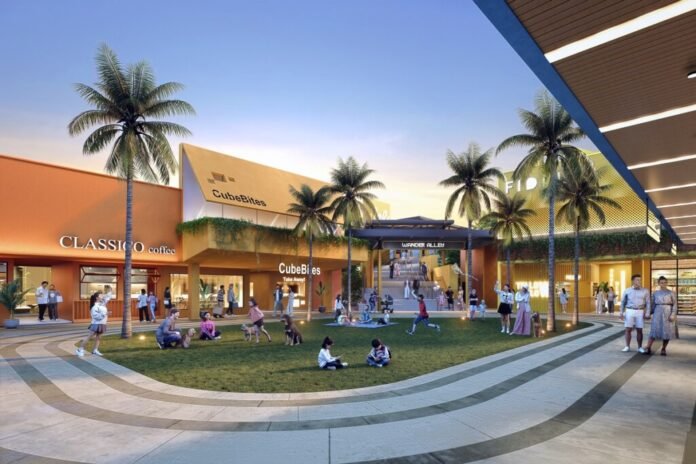 Area hijau Wander Alley BSD City dengan tenant CubeBites dan Classico Coffee