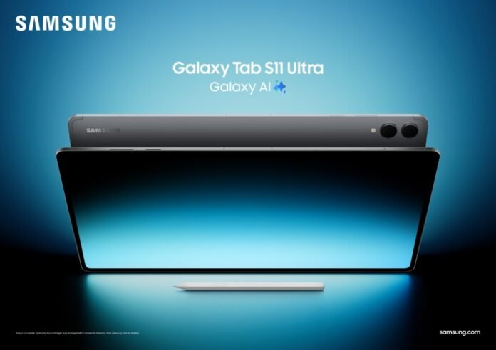 Foto produk Samsung Galaxy Tab S11 Series (Ultra) berwarna abu-abu, menyoroti desainnya yang tipis dan bodi belakang yang menampilkan dua kamera. Tablet ini diletakkan di belakang sebuah tablet lainnya yang menampilkan layar Dynamic AMOLED 2X yang menyala, dengan S Pen berwarna putih yang berada di depannya. Gambar ini menunjukkan fitur premium dan desain yang berfokus pada produktivitas dari seri Galaxy Tab S11
