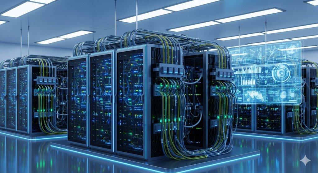 Ilustrasi 3D pusat data center futuristik dengan deretan rak server yang menyala, menyoroti infrastruktur teknologi canggih dan jaringan kabel yang kompleks.