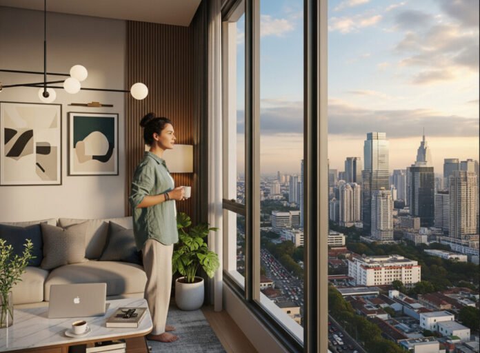 apartemen-sewa-jakarta-pemandangan-kota Pemandangan interior apartemen sewa modern di Jakarta yang menampilkan seorang wanita sedang berdiri di dekat jendela besar sambil memegang cangkir, melihat pemandangan kota. Terdapat laptop di meja ruang tamu, mencerminkan gaya hidup digital nomad