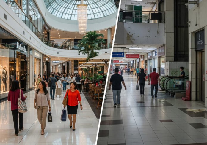 Perbandingan visual yang kontras antara pusat perbelanjaan premium yang ramai dan modern di Jakarta dengan pusat perbelanjaan kelas menengah yang lebih sepi dan tidak terawat, menunjukkan performa ritel yang beragam.