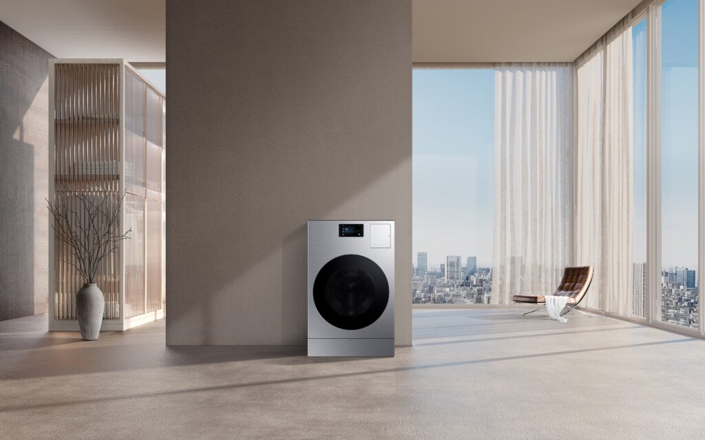 Samsung Bespoke AI Washer generasi terbaru dengan desain modern dipamerkan di ruang bergaya minimalis