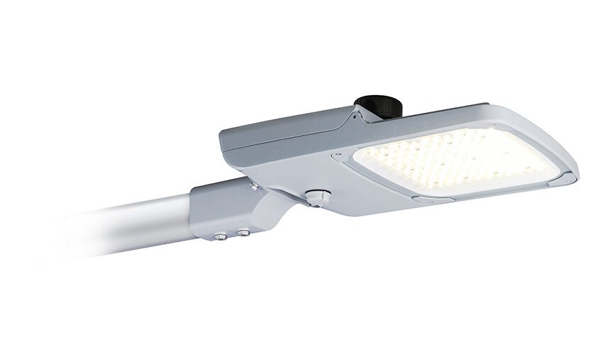 Sebuah foto close-up produk baru lampu jalan LED Signify GreenVision Xceed Pro. Lampu ini memiliki desain modular berwarna abu-abu dan dapat disesuaikan.