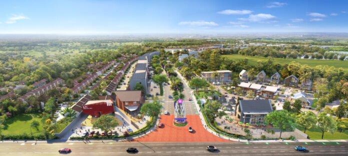 Foto kawasan commercial hub terbaru Paramount Petals di South Petals, barat Jakarta, dengan deretan ruko, area kuliner, dan fasilitas modern sebagai pusat bisnis dan investasi properti.