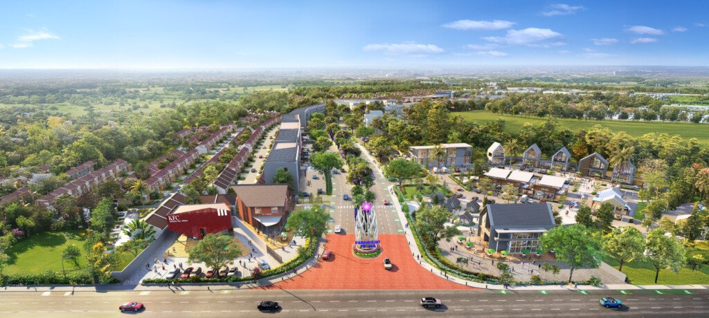 Foto kawasan commercial hub terbaru Paramount Petals di South Petals, barat Jakarta, dengan deretan ruko, area kuliner, dan fasilitas modern sebagai pusat bisnis dan investasi properti.