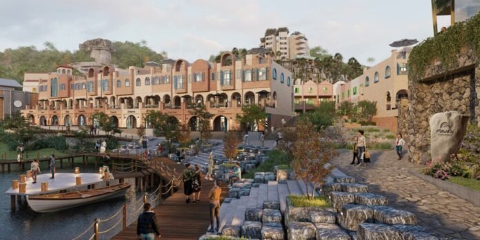 Pemandangan waterfront Mawatu Labuan Bajo dengan dermaga kayu dan area komersial modern.