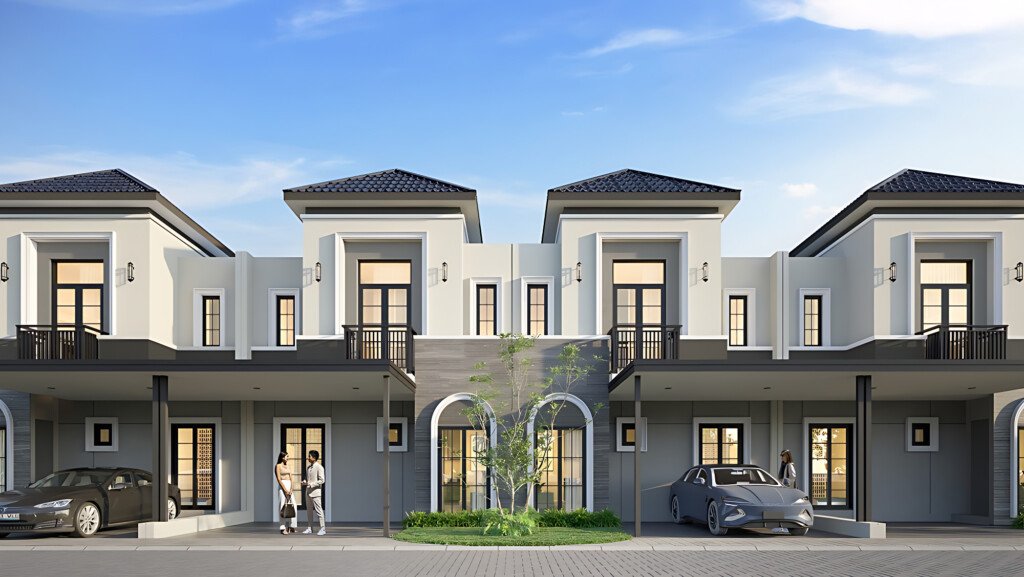 Render 3D fasad utama rumah di Klaster Dovia, hunian perdana bergaya Mediterania dari Sinar Mas Land di kawasan Ladoria Grand Wisata Bekasi. Terlihat dua pasang rumah yang simetris dengan carport untuk dua mobil.