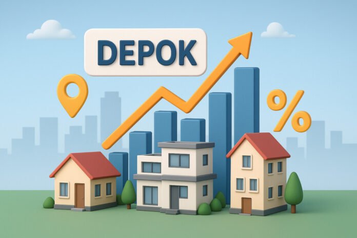 Ilustrasi 3D pertumbuhan harga rumah seken di Depok menunjukkan grafik naik dan rumah-rumah modern, mencerminkan tren positif pasar properti Jabodetabek tahun 2025.