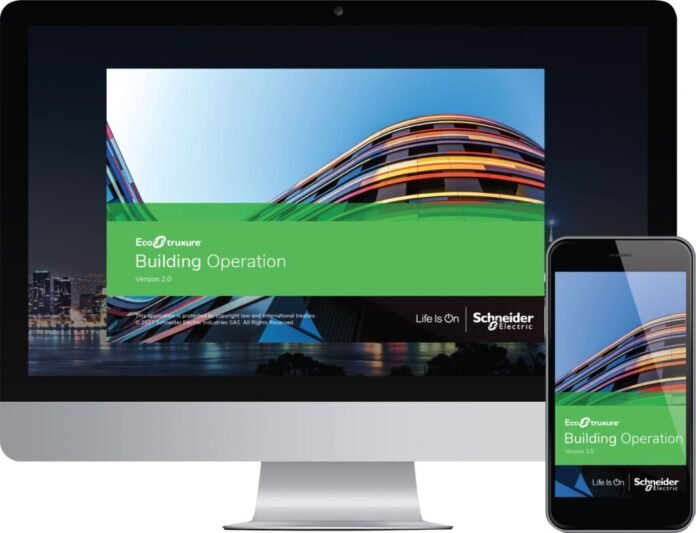 Tampilan perangkat lunak EcoStruxure Building Operation 7.0 dari Schneider Electric di monitor dan smartphone yang mendukung efisiensi energi dan keberlanjutan bangunan.