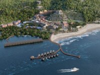 Render udara proyek mawatu labuan bajo di pantai batu cermin dengan overwater villa dan dermaga panjang.