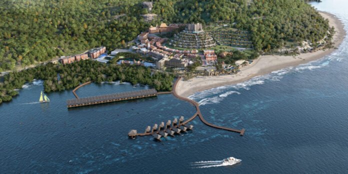 Render udara proyek mawatu labuan bajo di pantai batu cermin dengan overwater villa dan dermaga panjang.