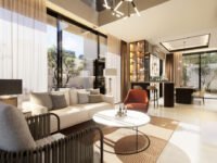 Interior ruang tamu hunian tepi danau mewah Portico Creek dengan jendela besar dan open living di Shila Sawangan