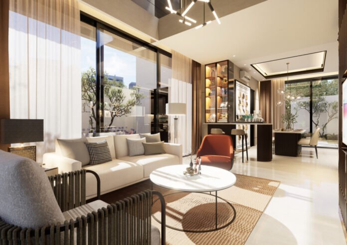 Interior ruang tamu hunian tepi danau mewah Portico Creek dengan jendela besar dan open living di Shila Sawangan