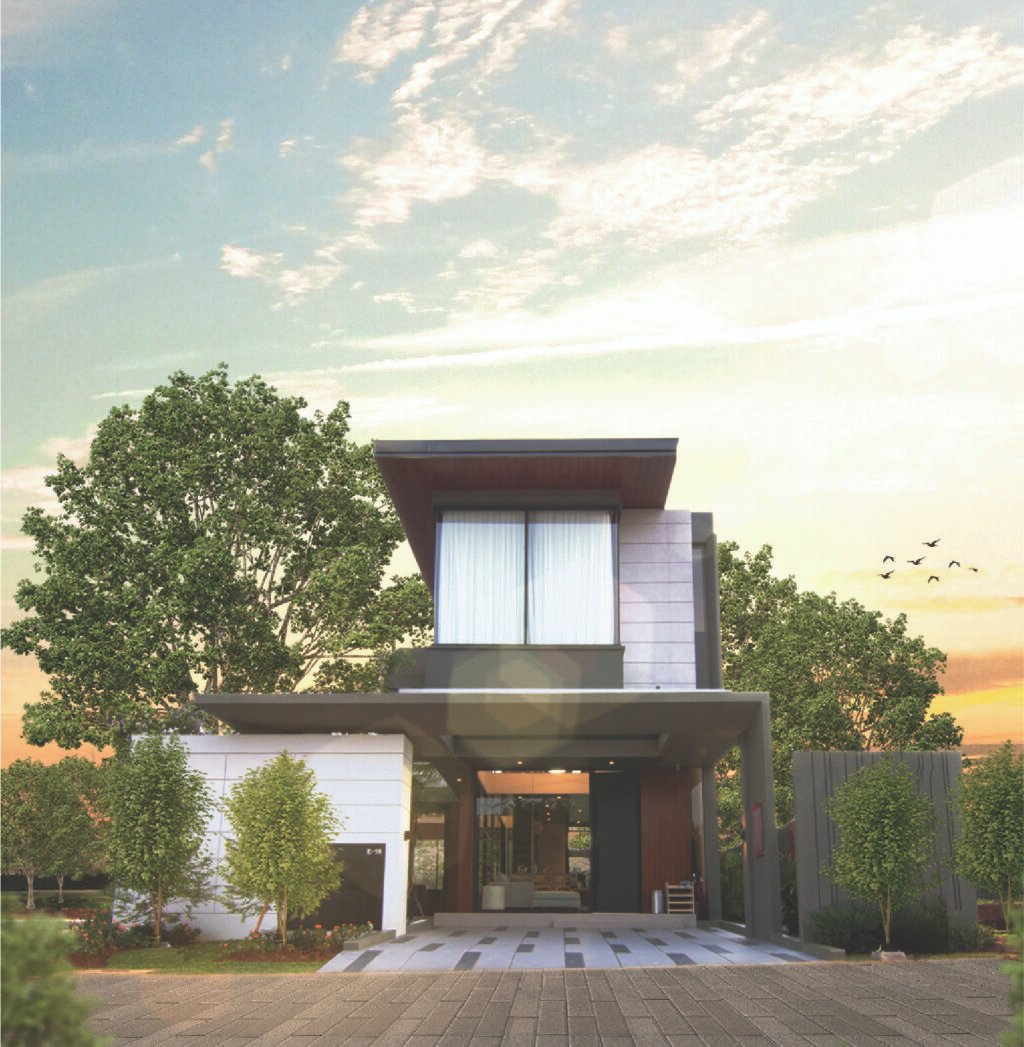 Tampak depan (fasad) hunian tepi danau Portico Creek Shila Sawangan dengan desain modern dan carport