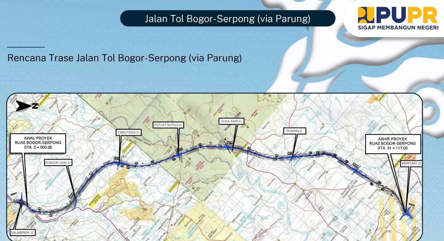 Peta rencana trase Tol Bogor-Serpong via Parung yang menunjukkan lokasi awal di Salabenda dan akhir di Serpong, serta titik Interchange (IC) yang dilewati.