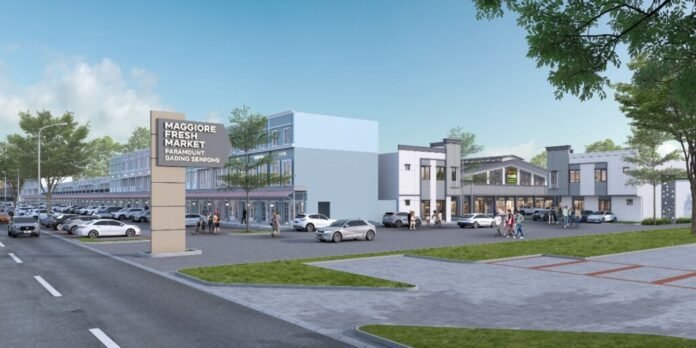 Eksterior Maggiore Fresh Market Gading Serpong, menunjukkan bangunan ruko 2 lantai, toko 1 lantai, dan area parkir yang sangat luas.
