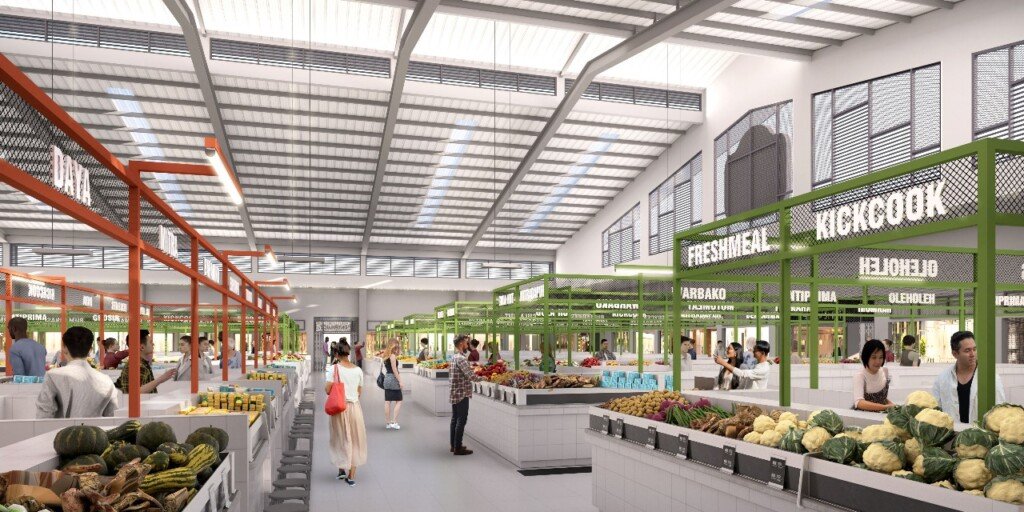 Interior Maggiore Fresh Market Gading Serpong, menunjukkan lapak kering untuk sayuran dan buah segar dengan desain modern dan terang.