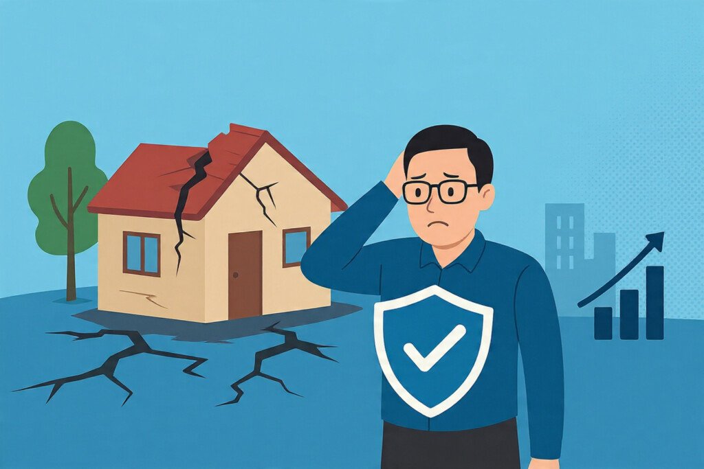 Ilustrasi proteksi properti dari ancaman bencana di Indonesia, menggambarkan rumah dan pelaku usaha dengan perisai pelindung sebagai simbol asuransi properti Allianz.