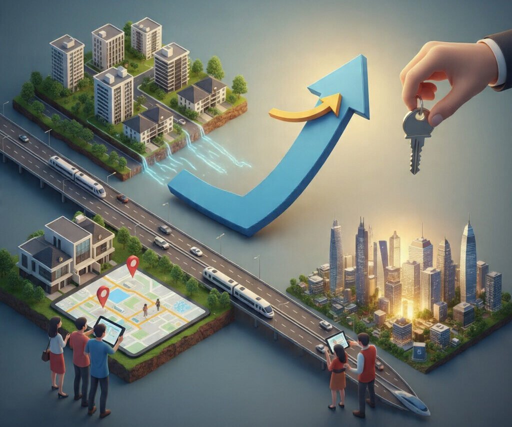 Ilustrasi 3D menunjukkan panah naik dengan tulisan BI Rate (suku bunga acuan) Turun 4,75% di atas pemukiman dan apartemen modern Tangerang, menunjukkan properti tangerang diminati. Di sisi lain, pembeli rumah sedang melihat peta digital dengan latar belakang gedung-gedung tinggi Jakarta, melambangkan pembeli rumah bangkit berkat bi rate turun