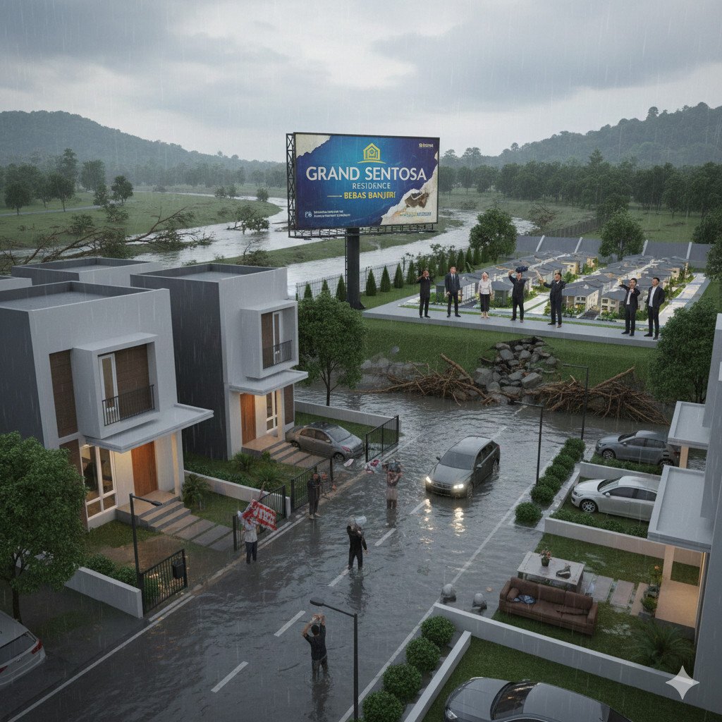 ilustrasi 3d realistis perumahan mewah terendam banjir