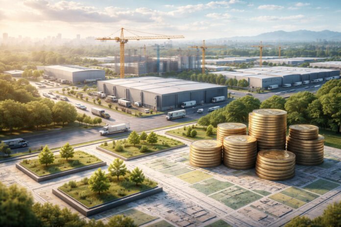 Ilustrasi 3D kawasan industri modern di Greater Jakarta dengan gudang, crane konstruksi, truk logistik, dan simbol pertumbuhan harga lahan industri