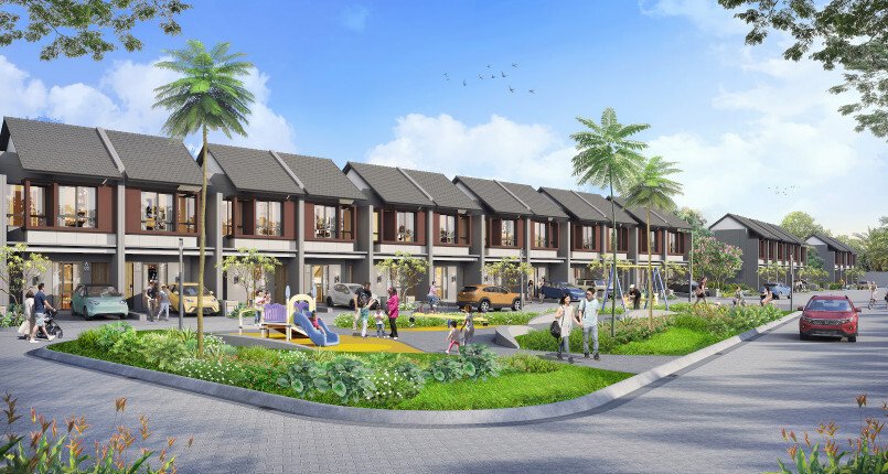 Lingkungan asri dan taman bermain anak di Klaster NuOne Grand Wisata Bekasi.