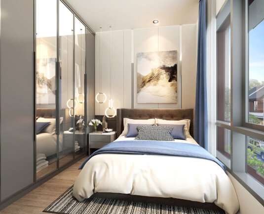 Desain interior kamar tidur utama yang fungsional di Klaster NuOne Grand Wisata Bekasi.