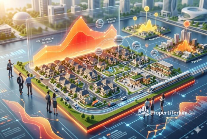 tren-pasar-properti-2026-peta-panas-serapan-rumah Ilustrasi peta panas tren pasar properti 2026 yang menunjukkan lonjakan serapan rumah tapak di wilayah Tangerang, Bekasi, dan Bogor.