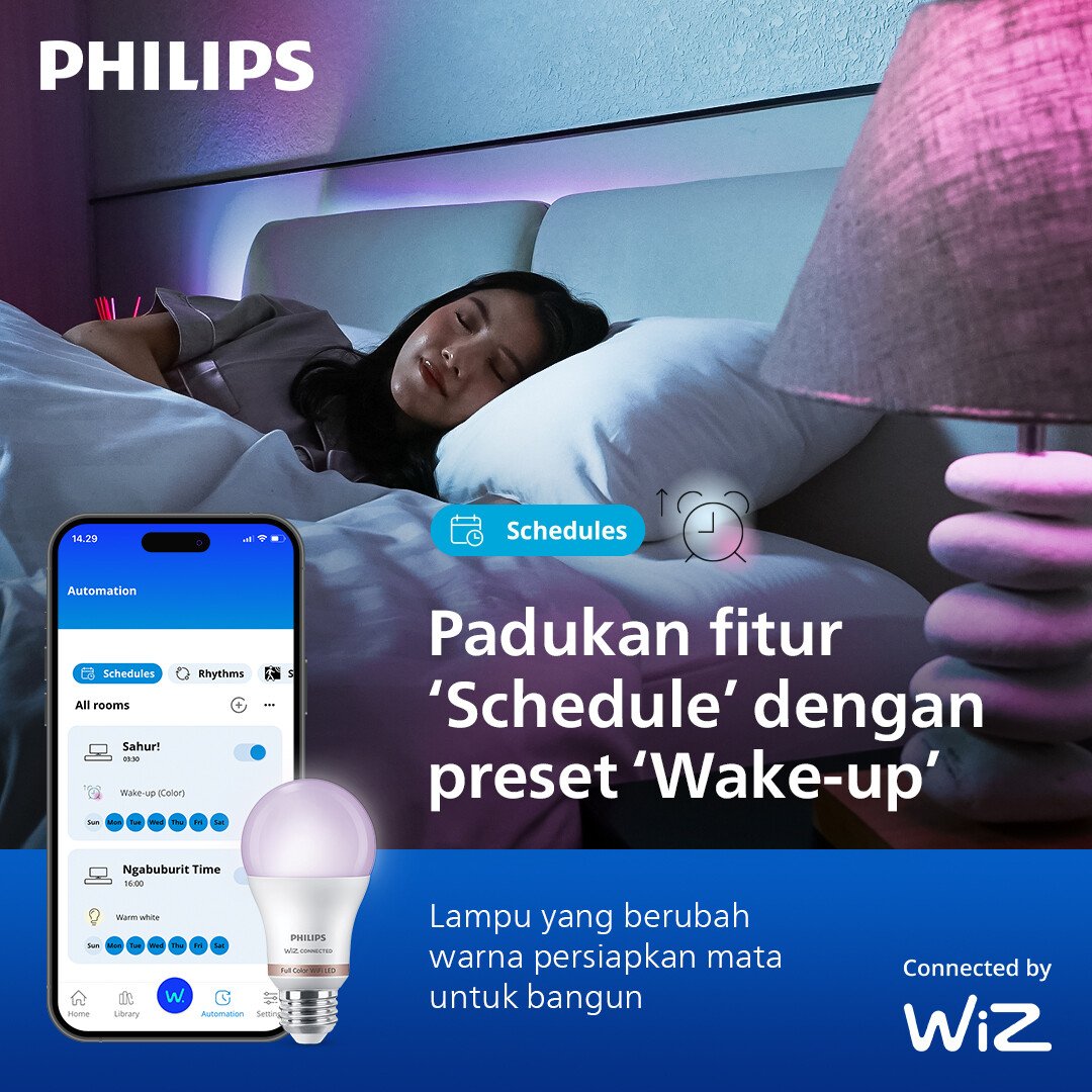 Antarmuka aplikasi WiZ menunjukkan pengaturan jadwal sahur dan preset wake-up untuk Philips Smart LED.