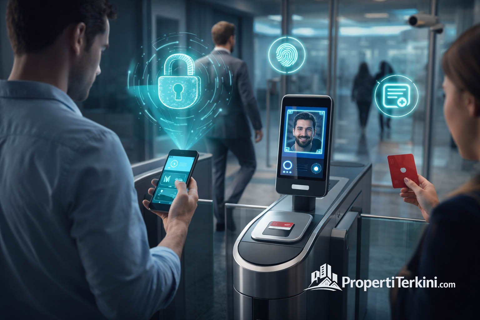 masa-depan-keamanan-akses-digital-smartphone-biometrik Ilustrasi masa depan keamanan dengan akses gedung menggunakan smartphone, biometrik wajah, dan kartu digital di sistem keamanan modern