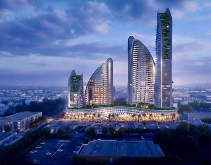 Rendering desain arsitektur biophilic proyek Iwan Sunito di Five Dock Sydney yang menampilkan lima menara apartemen premium dan kawasan mixed-use.