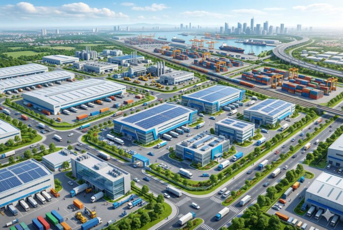 Ilustrasi realistis 3D kawasan industri Greater Jakarta yang modern dengan fasilitas logistik, gudang, dan ekosistem kendaraan listrik.