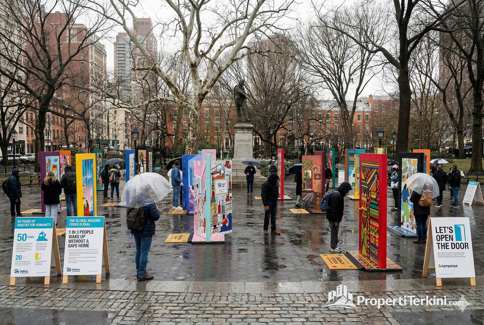 Sebuah instalasi seni luar ruangan yang luas menampilkan puluhan pintu warna-warni yang dihiasi ilustrasi beragam di taman kota saat hari hujan. Pengunjung dengan payung berinteraksi dengan pintu-pintu tersebut. Tanda besar bertuliskan "LET'S OPEN THE DOOR" dan logo Habitat for Humanity terlihat jelas di latar depan, menyoroti kebutuhan tempat tinggal global.