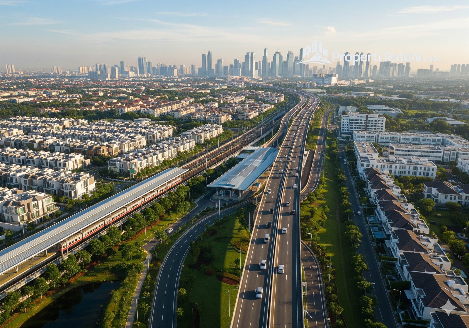 Ilustrasi investasi properti koridor barat Jakarta 2026 dengan kawasan hunian, akses tol, dan jalur KRL di Tangerang