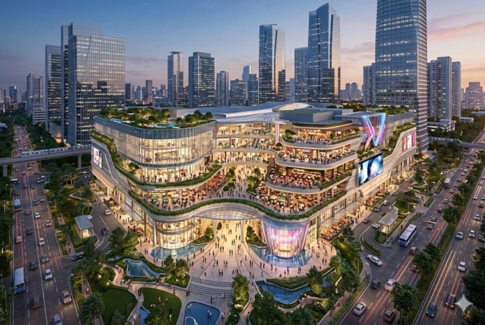 Ilustrasi mall di Jakarta yang modern dengan konsep experience-led retail dan area Food and Beverage (FnB) yang ramai pengunjung.