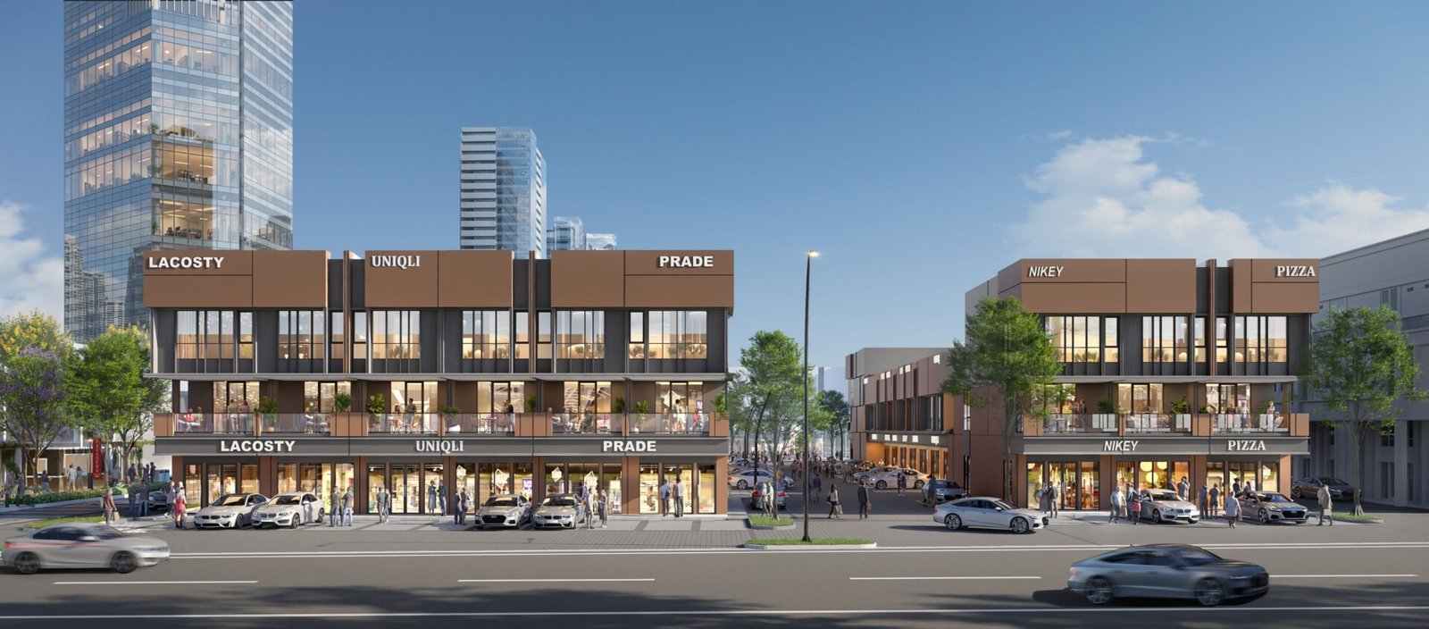 Ruko Pasadena Square South Gading Serpong dengan fasad modern berwarna cokelat dan area parkir luas