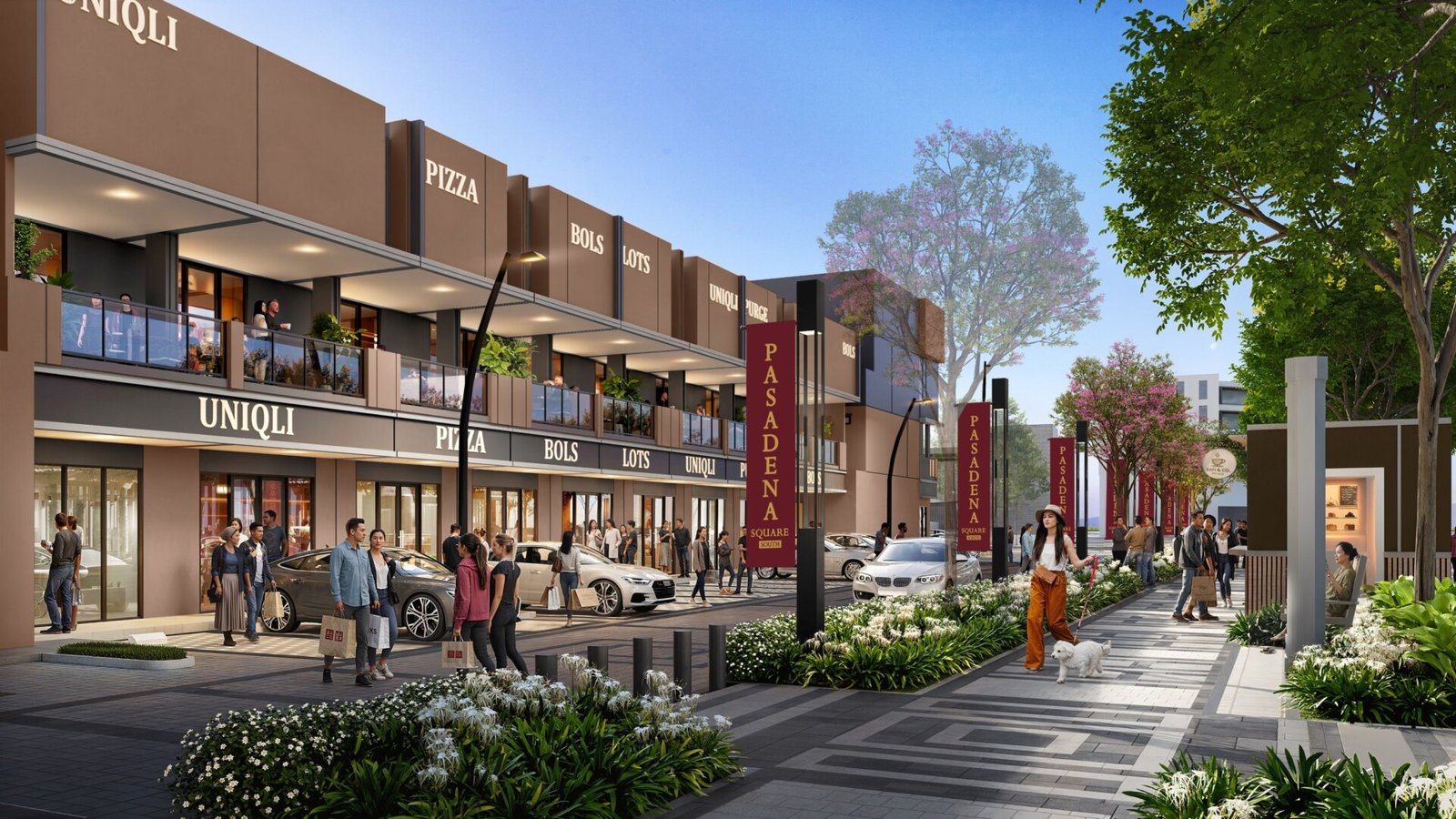 Area Pasadena Walk di Pasadena Square South yang dilengkapi thematic green spine dan fasilitas publik