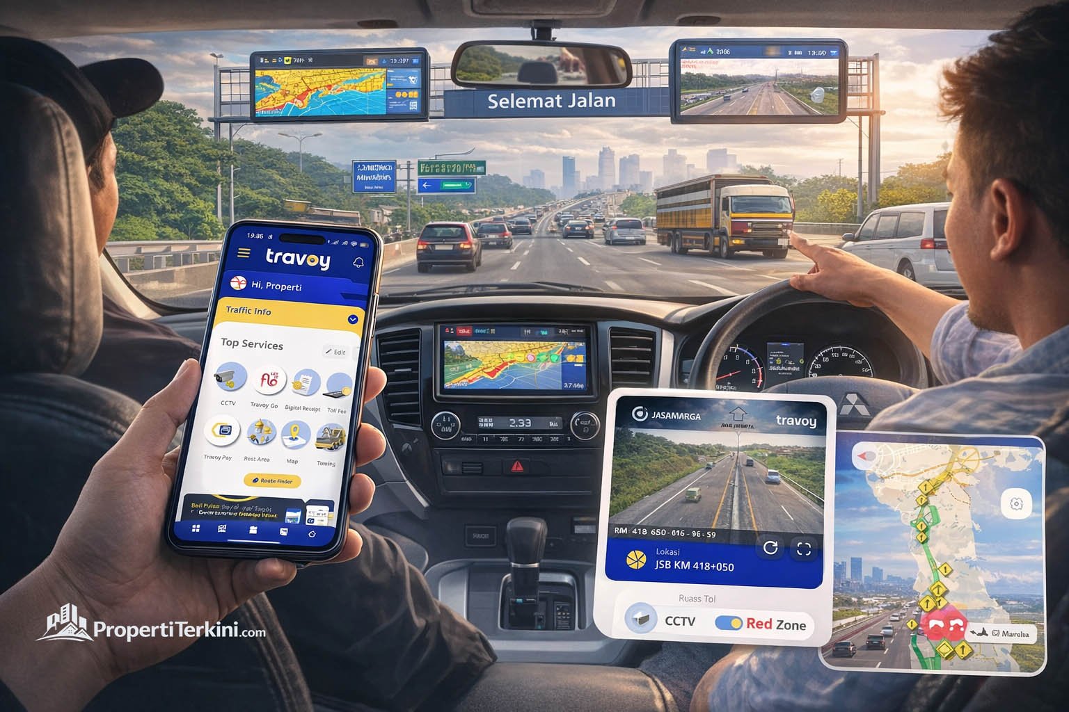 aplikasi-travoy-asisten-digital-perjalanan-tol-trans-jawa Ilustrasi pengemudi mobil menggunakan Aplikasi Travoy Jasa Marga