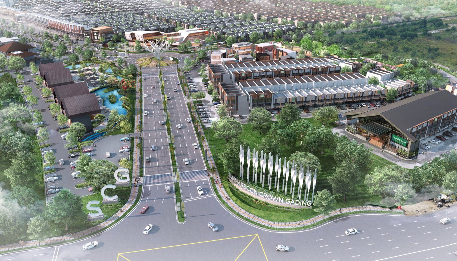 Aerial view Emerald Commercial dan The Food Village di Summarecon Crown Gading Bekasi